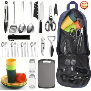 23 Pcs Berglander Camping Essentials, Camping Cooking Utensils Set, Camping Accessories Gear Must Haves, Come with Camping Silverware Sets, Plates and Cups, Great for Outdoor Stove, Picnic, BBQ