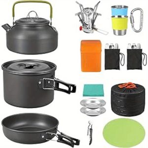 Camping Cookware Set, Aluminium Camping Pots, Cookware with Folding Camping Stove, Lightweight Camping Stove for Outdoor Cooking, Hiking for 2-6 People