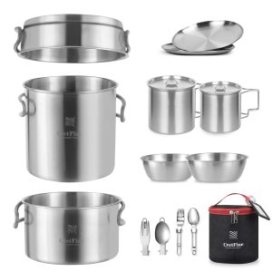 CretFine Camping Pots And Pan Set Stainless Steel Mess Kit With Camping Dishes 15pcs For One Or Two Camp Pans Set Pot Set Military Mess Kit- Survival Cookware Backpacking Cooking Kit For Tavel, Camp