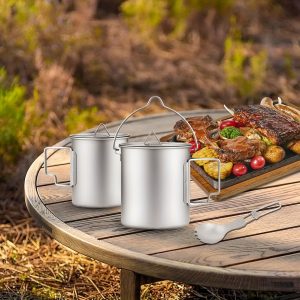 Camping Titanium Pot, 750ml Titanium Pot With 450ml Water Cup Mug Folding Spork Camping Cookware Set For Outdoor Camping Hiking Backpacking