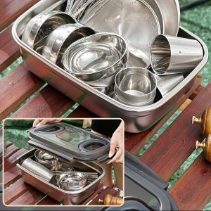 Outdoor Tableware Set For 4/6 Persons, Stainless Steel Tableware With Plates, Chopsticks, Spoons, Pans, Portable For Outdoor Camping Picnic