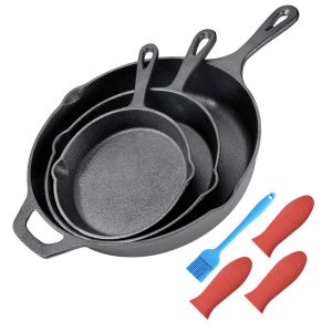 3-Piece Cast Iron Skillet Set - Pre-Seasoned Cookware with Handle Grip, For Indoor, Outdoor Use, Kitchen, Camping Cookware, Sizes included: 6